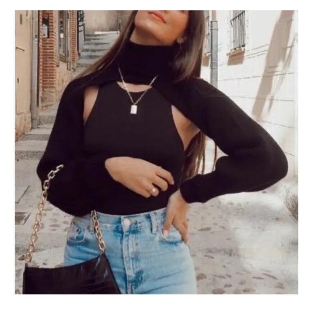 Zara Black Ribbed Knit Arm Warmer Turtleneck Ultra Crop Sweater Blogger Favorite